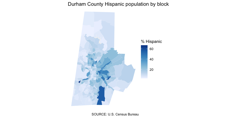 Durham Hispanic population by block group.